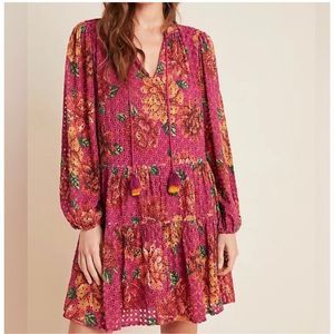 Farm Rio Anthropologie Pink Eyelet Floral Tiered Dress Size XL Petite